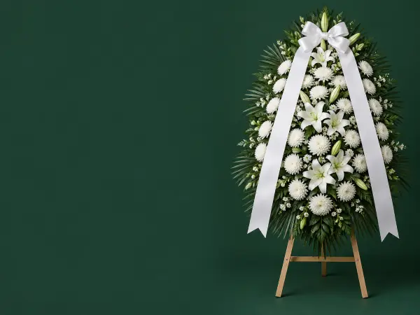 A Korean standing funeral wreath of white chrysanthemums and lilies with a blank white ribbon draped across it