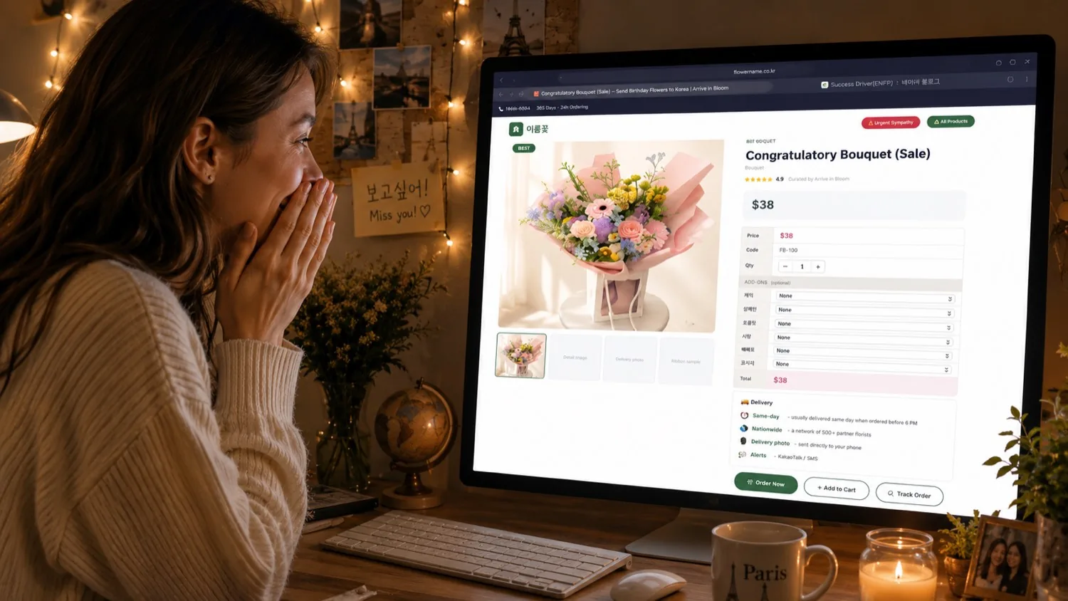 Ordering flowers to Korea from abroad on flowername.co.kr — same-day delivery, priced in USD