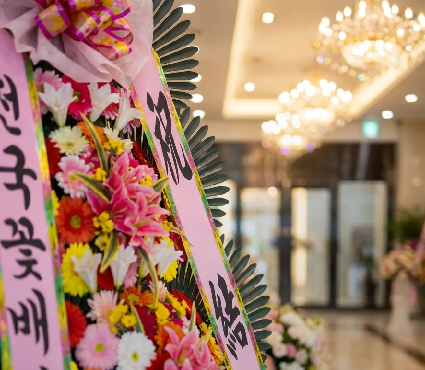 Close-up of gerberas and pink lilies beside the pink sash of the wreath