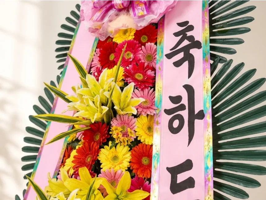 Cận cảnh đồng tiền đỏ, hồng, vàng và ly vàng của kệ hoa bên cạnh dải băng hồng với thư pháp bút lông đen