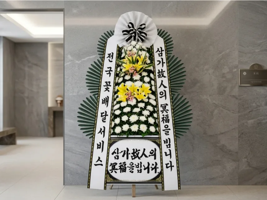 Hudaji funeral wreath standing in the corridor of a funeral hall