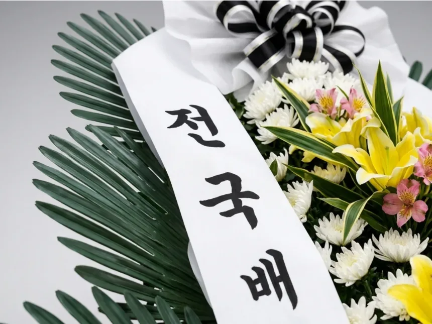 Close-up of the black-and-white ribbon rosette, a white sash and yellow lilies among white chrysanthemums