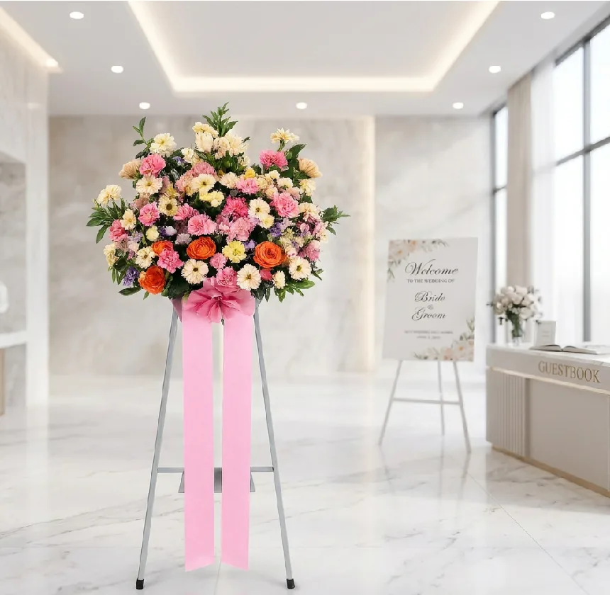 Kệ hoa một tầng gồm cẩm chướng hồng, hoa hồng cam và đồng tiền kem với dải băng hồng, đặt trong sảnh cưới lát đá cẩm thạch