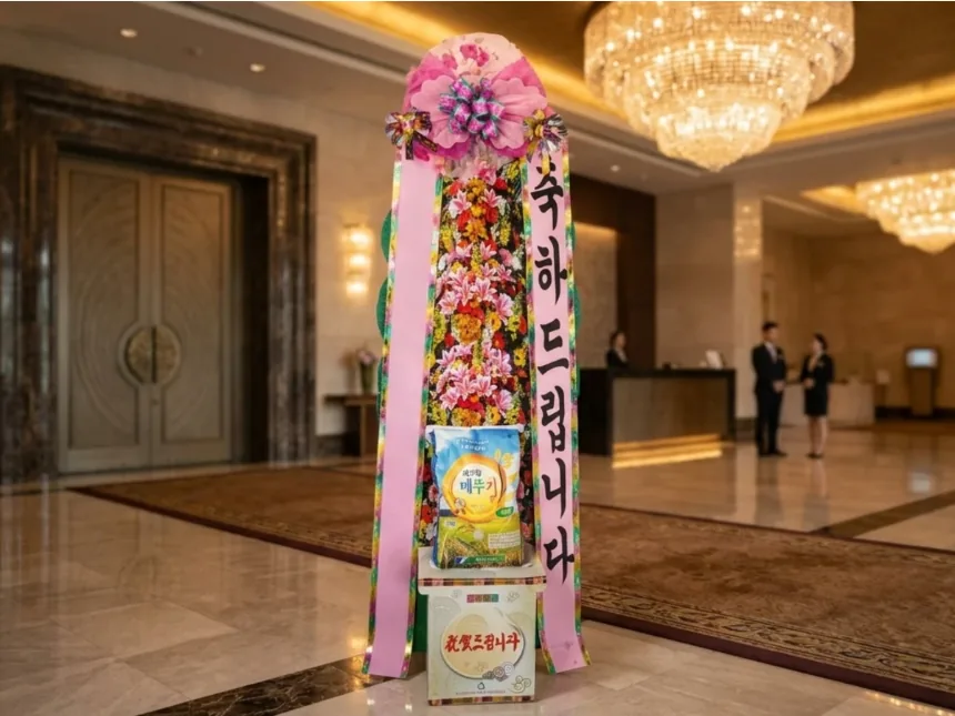 Rice wreath standing in a hotel lobby beneath chandeliers, staff at a reception desk in the background