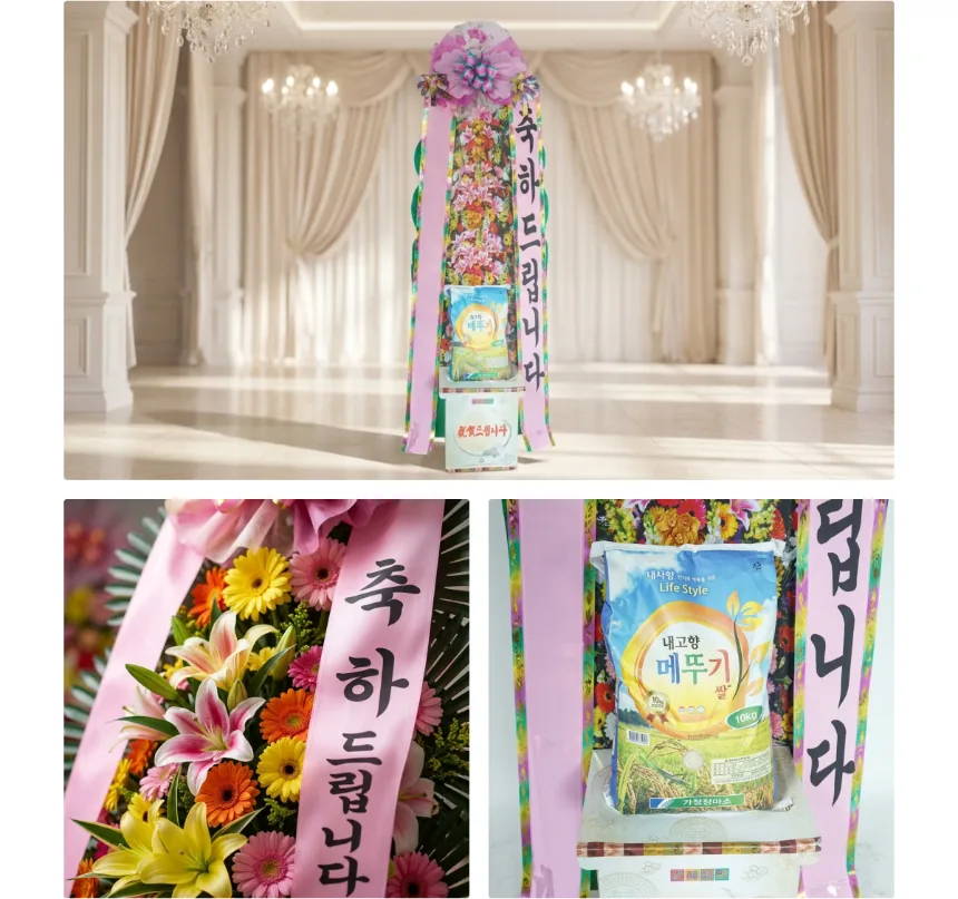 Rice wreath in a wedding hall, with close-ups of the lily-and-gerbera decoration and the 10 kg rice bag