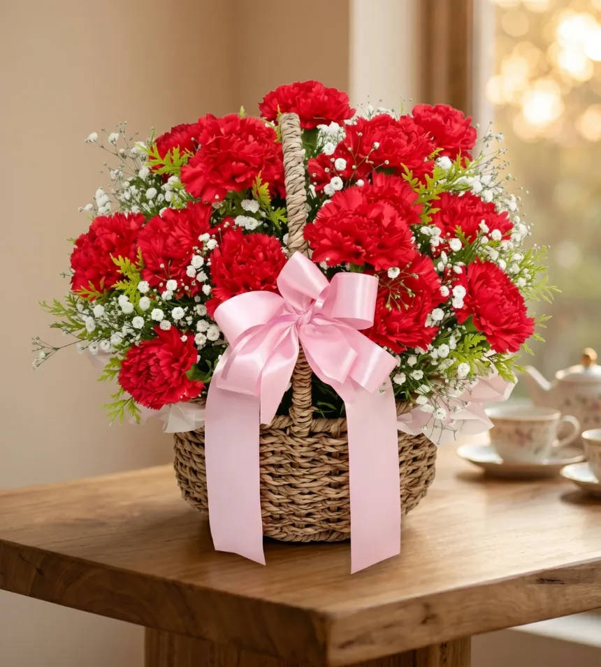 Cẩm chướng đỏ với hoa baby và cây xanh trong giỏ mây tròn có nơ satin hồng, đặt trên bàn gỗ cạnh cửa sổ