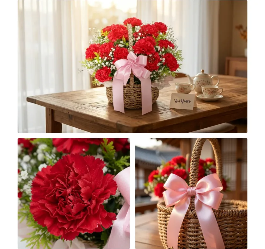 Giỏ cẩm chướng trên bàn cùng thiệp cảm ơn, kèm ảnh cận cảnh một bông cẩm chướng đỏ và nơ hồng trên quai giỏ mây