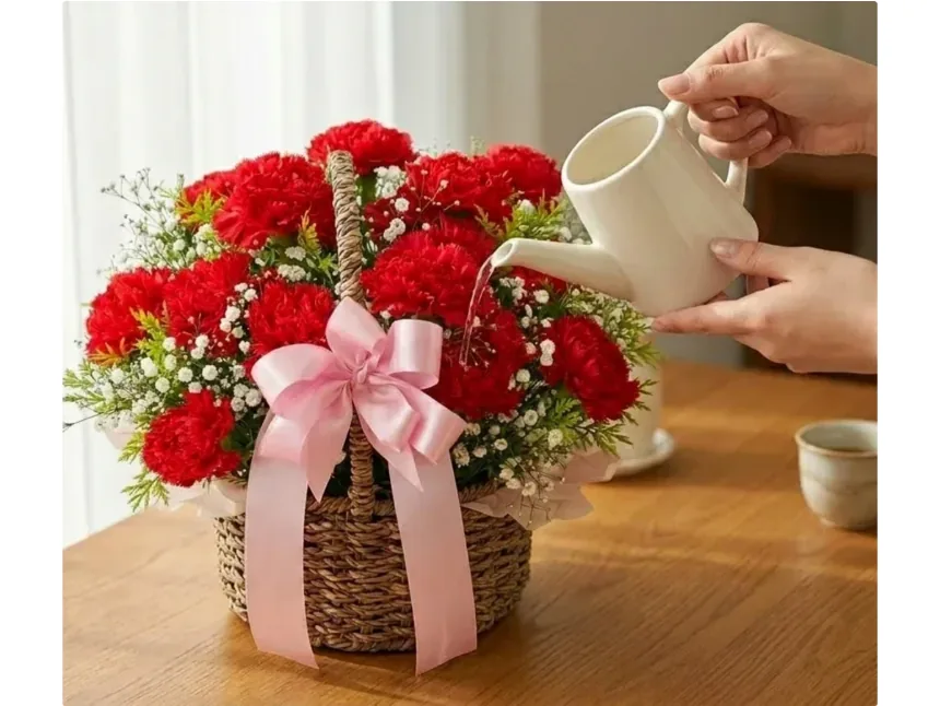 Đôi tay rót nước từ bình trắng vào giỏ cẩm chướng