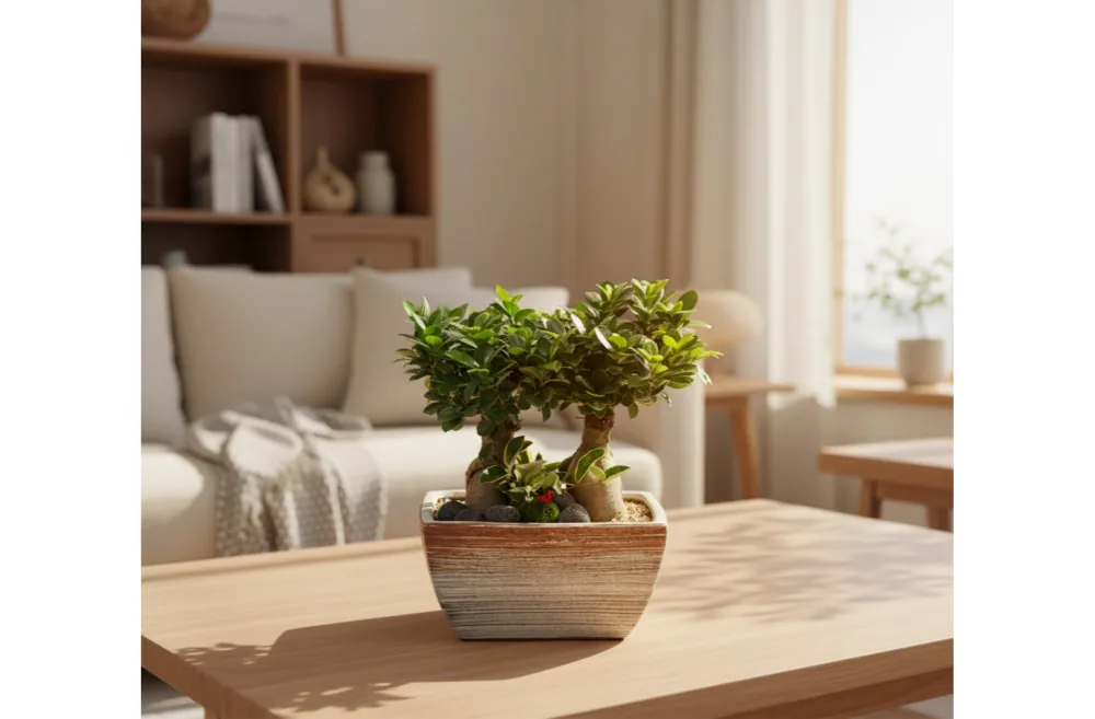 Twin-trunk ginseng ficus on a light wooden coffee table in a sunlit living room
