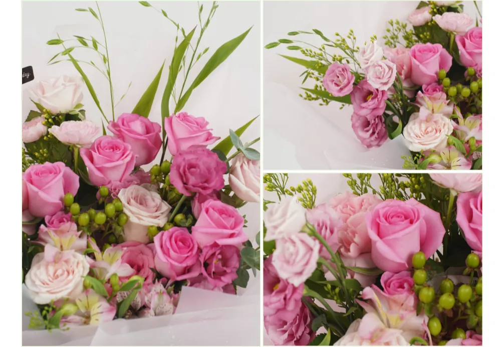 Close-up details of hot-pink and pale-pink roses, pink lisianthus, alstroemeria, green berries and grasses