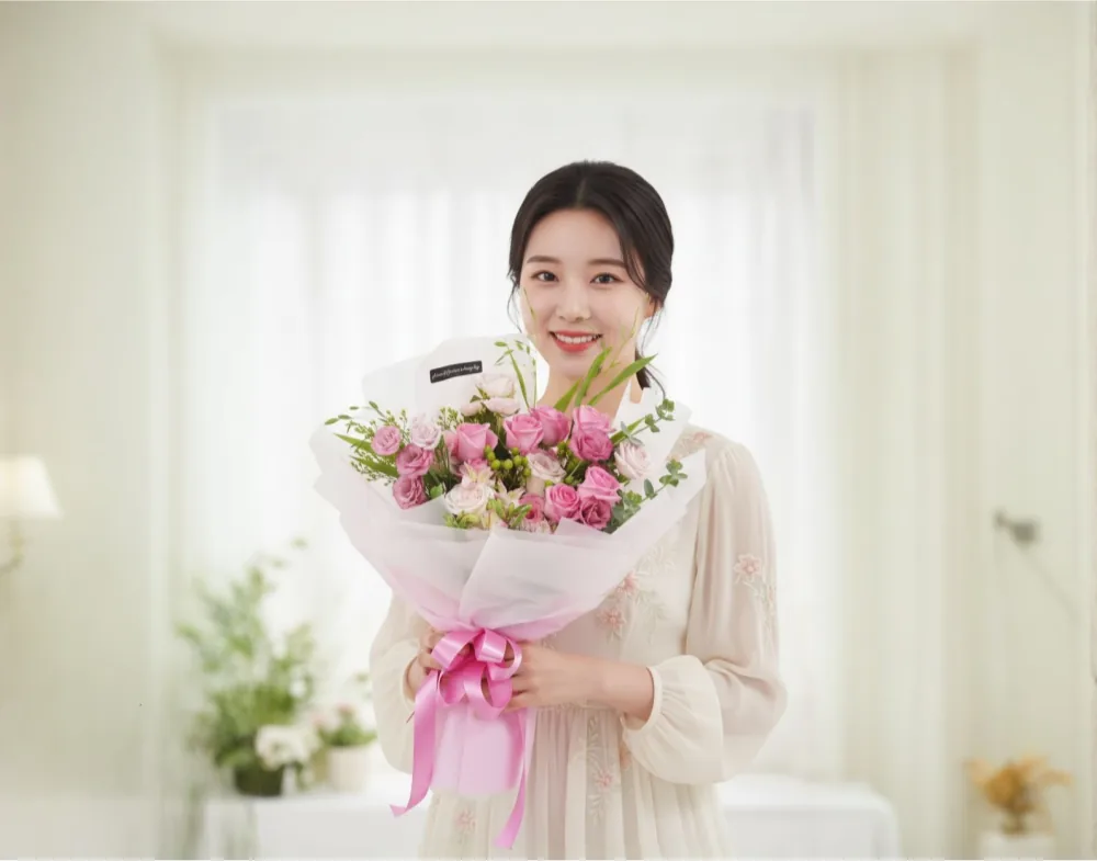 Smiling woman in a cream dress holding the Pink Glory bouquet in a bright room