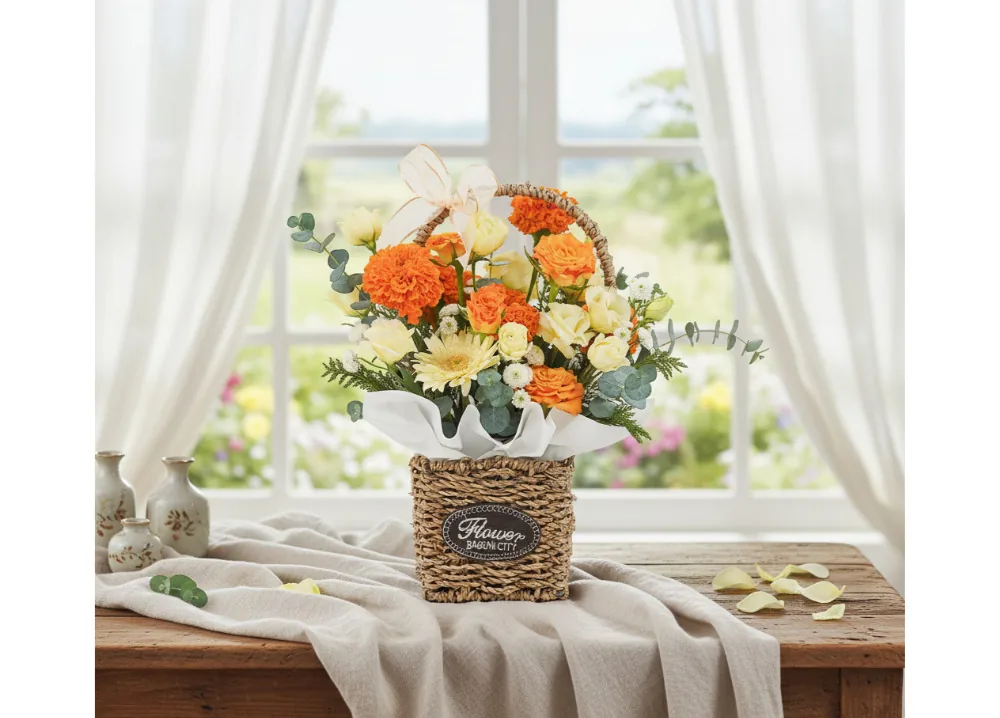 The yellow and orange flower basket on a wooden table in front of a bright window with a garden view