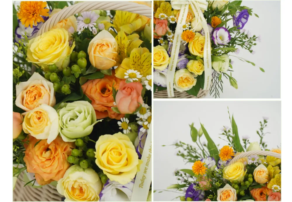 Close-up details of yellow and apricot roses, yellow alstroemeria, purple-edged lisianthus, orange pompoms, chamomile and green berries