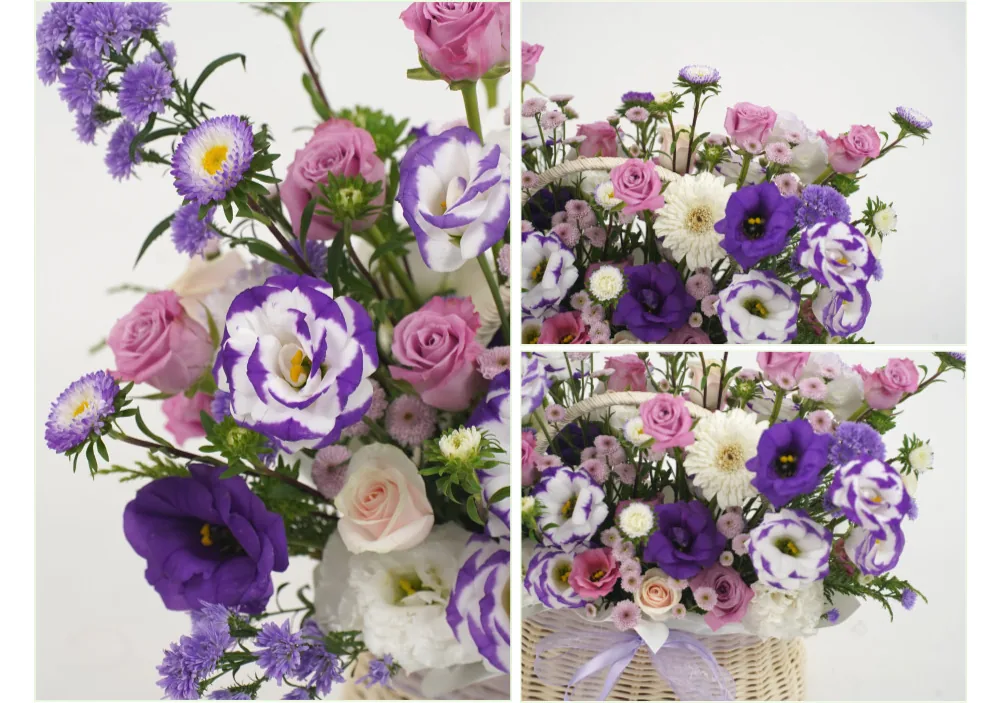 Close-up of purple-edged white lisianthus, pink roses, white gerbera and small lilac blooms