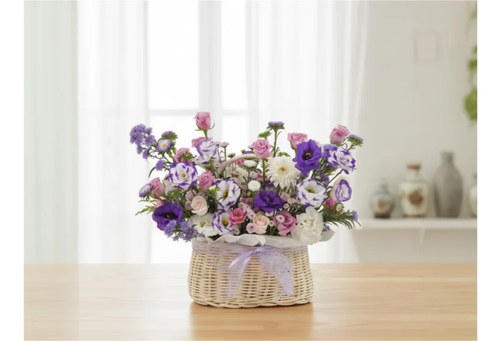 Purple Elegance basket on a wooden table by a bright window