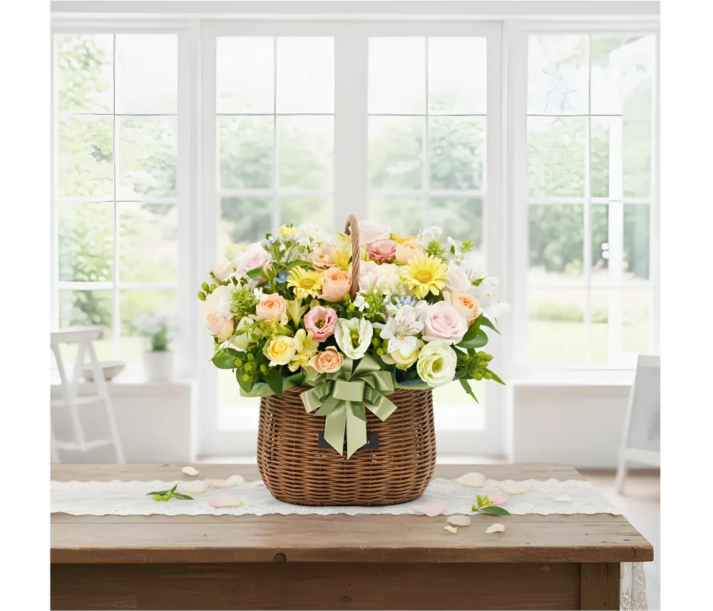 Giỏ hoa Khu vườn cam chanh trên bàn gỗ trước những ô cửa sổ cao đầy nắng