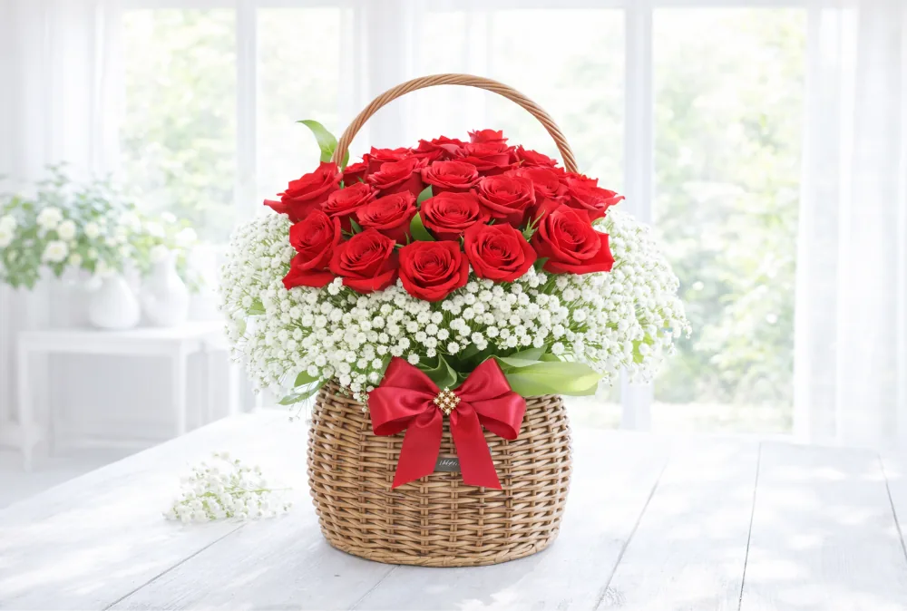 I Love You basket on a white table by a bright window