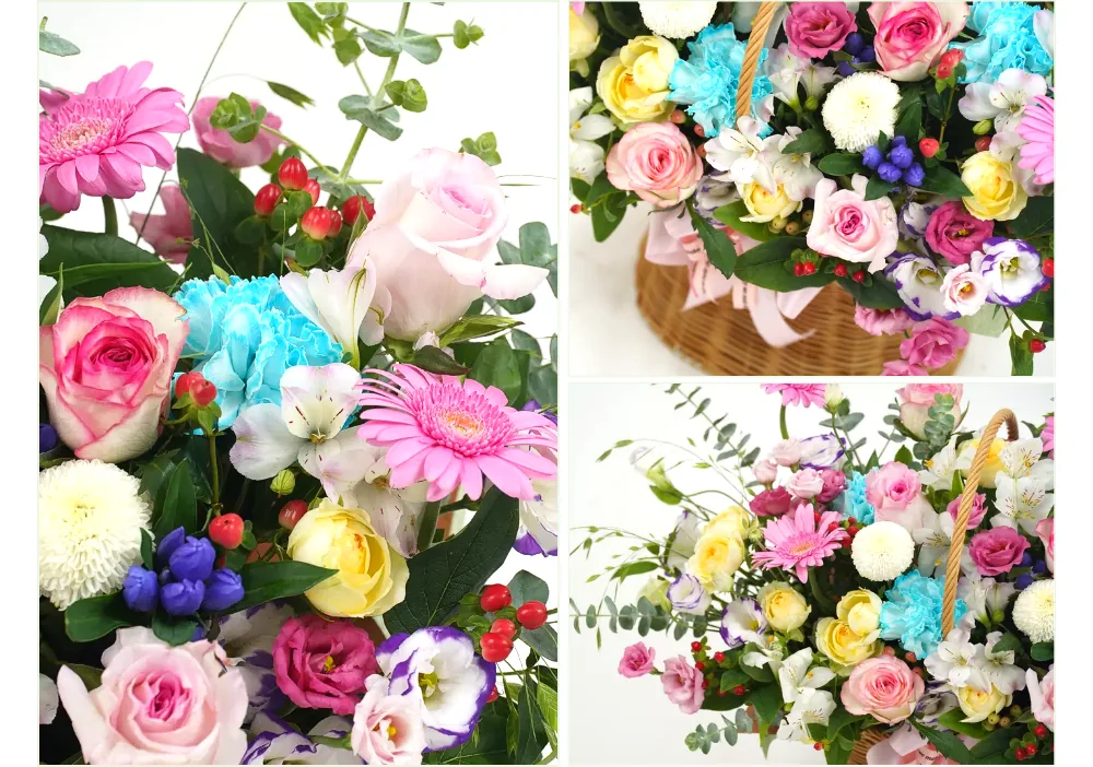 ピンクのガーベラ、ブラッシュのバラ、スカイブルーのカーネーション、白いポンポン咲きの花、イエローのスプレーバラ、紫の縁取りのトルコギキョウのアップ