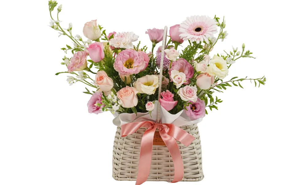 Đồng tiền hồng nhạt, cát tường hồng, hoa hồng hồng và kem cùng cúc pompon tím oải hương trong giỏ mây sơn trắng với ruy băng san hô