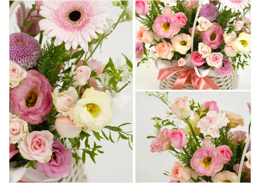 Cận cảnh đồng tiền hồng nhạt, cúc pompon tím oải hương, cát tường hồng, hồng bụi hồng và một đóa cát tường kem