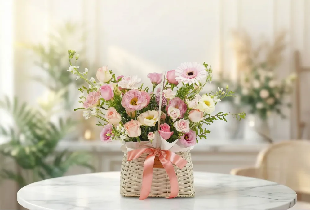 Giỏ hoa Hồng đáng yêu trên bàn đá cẩm thạch tròn trong căn phòng sáng