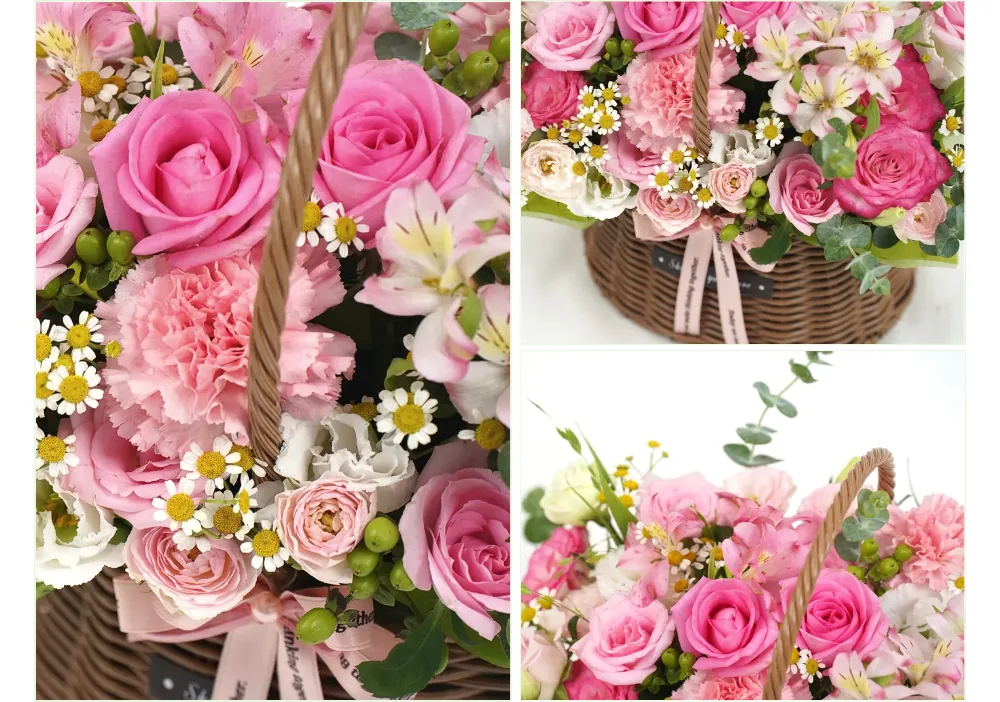 Close-up of hot pink roses, a ruffled pink carnation, pink alstroemeria, small white daisies and green hypericum berries