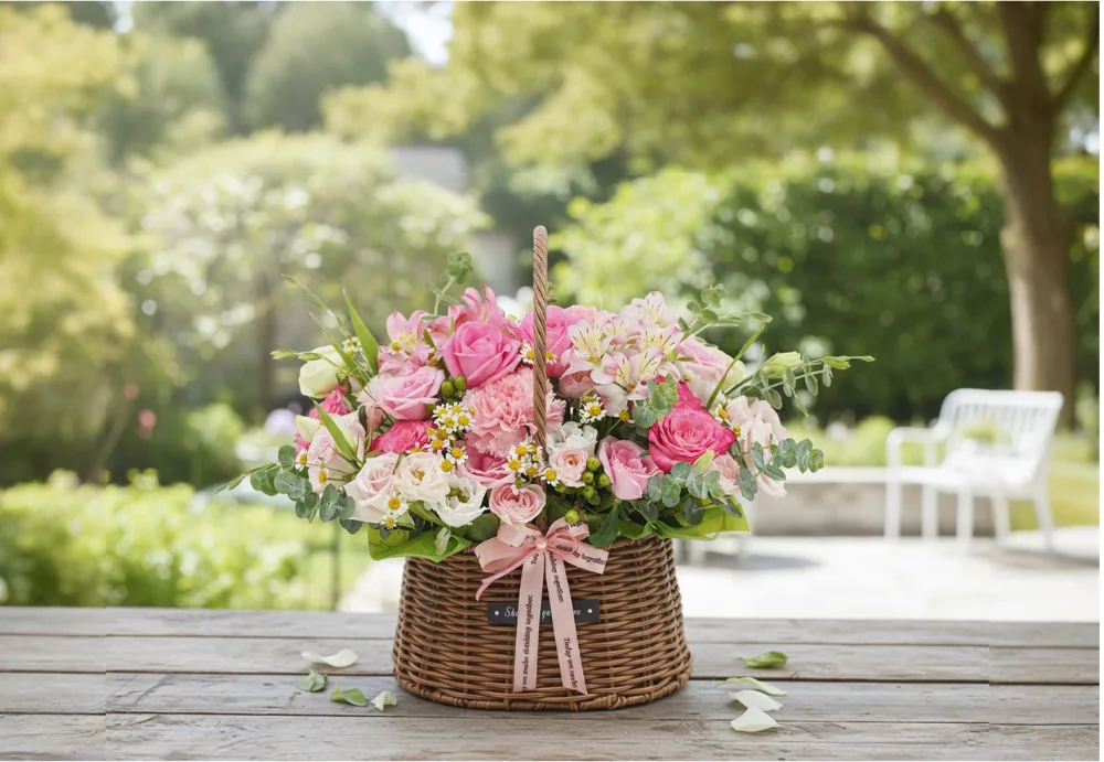 Pink Berry Mix basket on a weathered wooden table in a sunny garden
