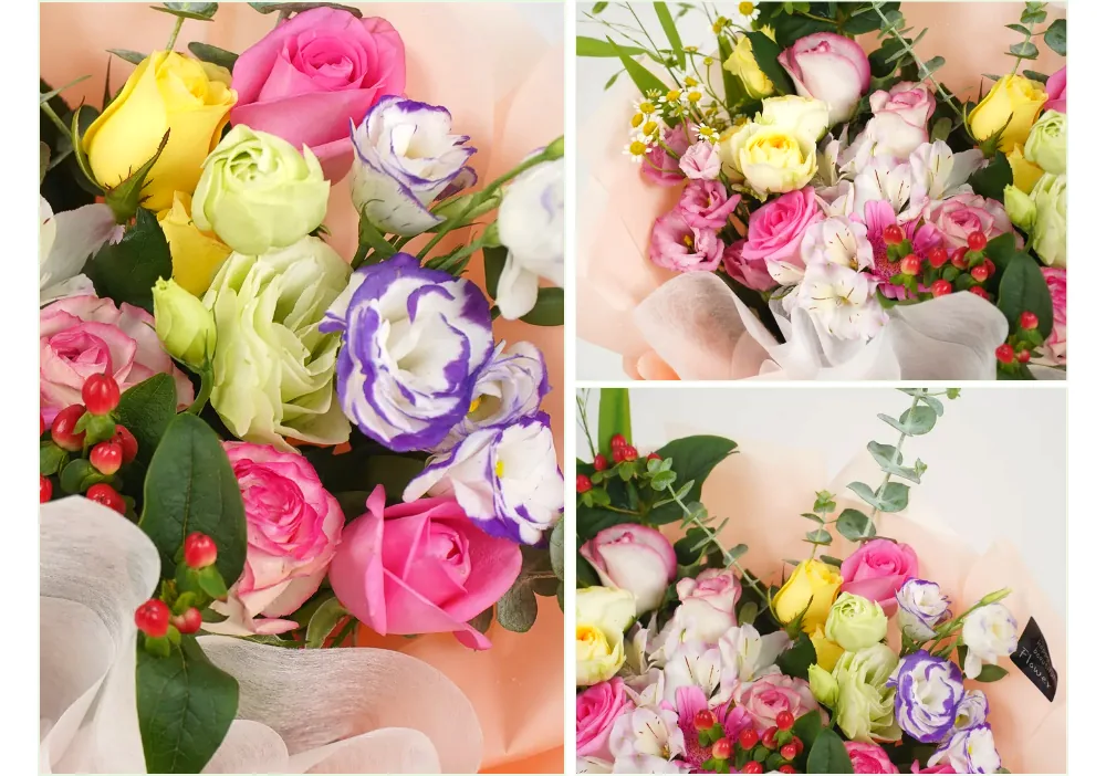 Close-up details of pink and yellow roses, purple-edged lisianthus, green lisianthus and red hypericum berries