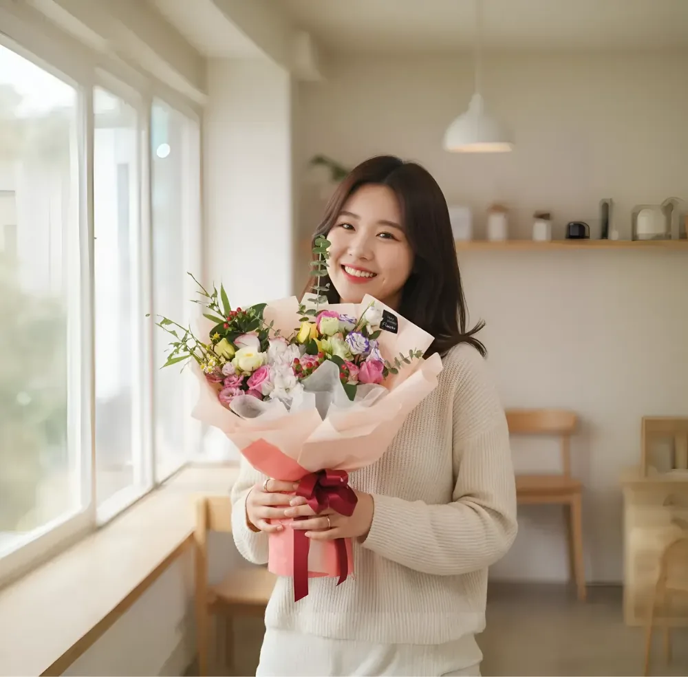 Woman in a cream sweater holding the Peach Pink bouquet beside a sunny window