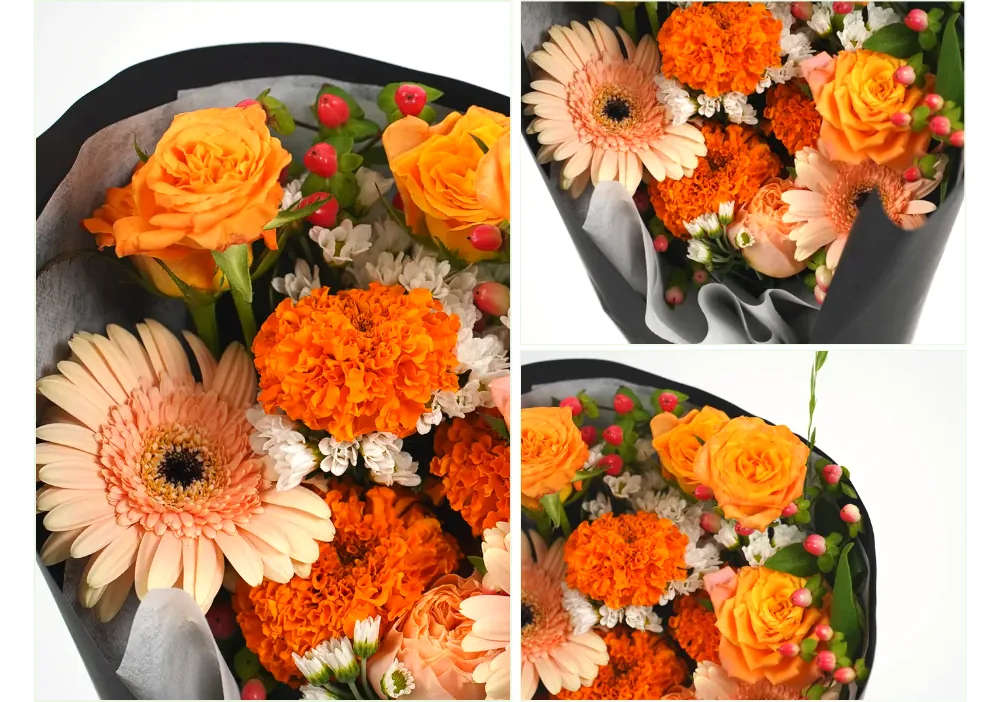 Close-up details of orange roses, peach gerberas, ruffled orange blooms and white fillers against black paper