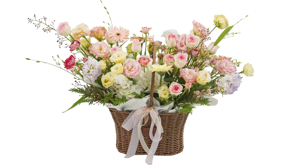 Giỏ hoa mây rộng với hoa hồng hồng pastel, cát tường kem và hồng, đồng tiền vàng và cẩm tú cầu trắng cùng ruy băng mỏng