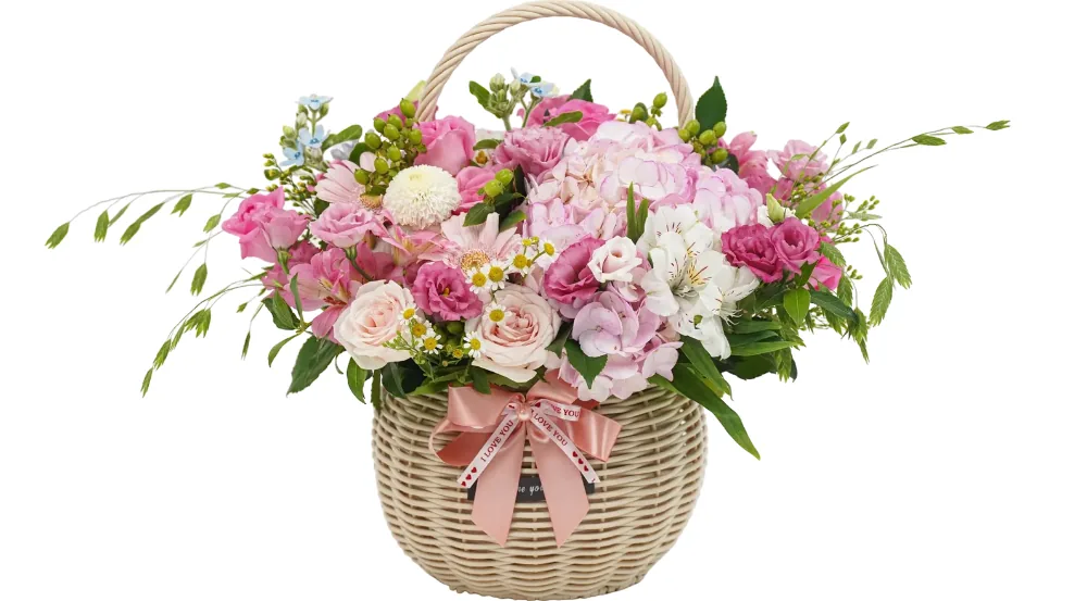Round cream basket with a tall handle filled with pink hydrangea, pink roses, lisianthus, gerbera, white pompon chrysanthemum and small blue flowers, tied with a pink printed ribbon