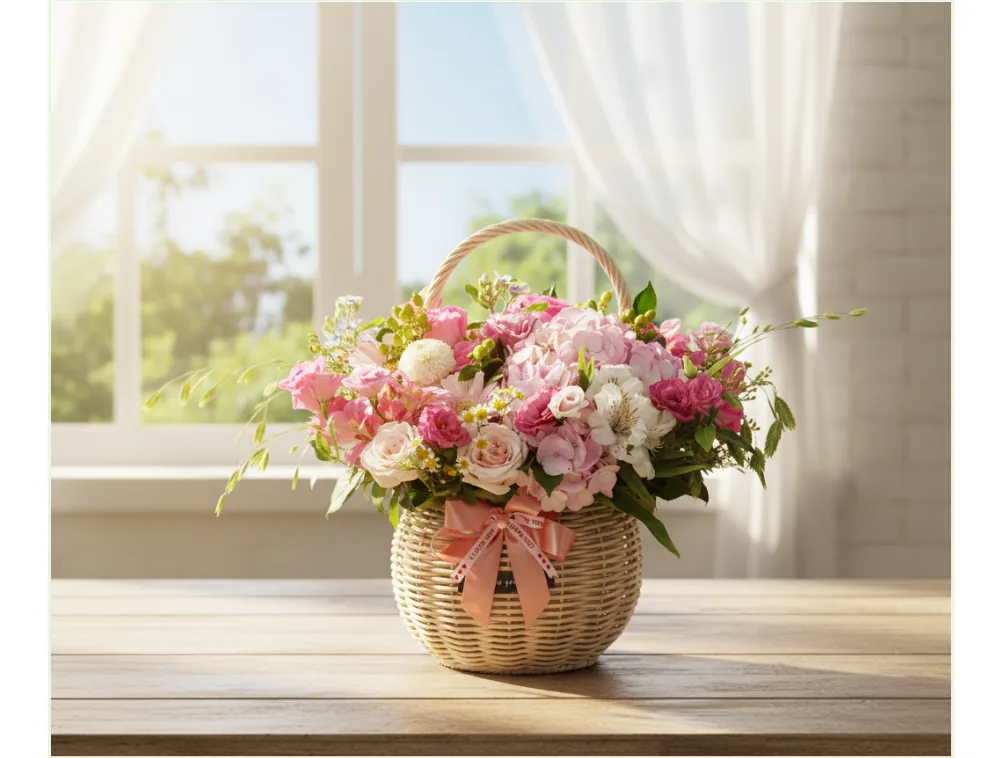 Romantic Blossom basket on a wooden table in front of a sunlit window