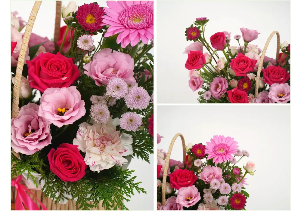Close-up of hot pink roses, pale pink lisianthus, pink gerbera, magenta asters and pale button chrysanthemums