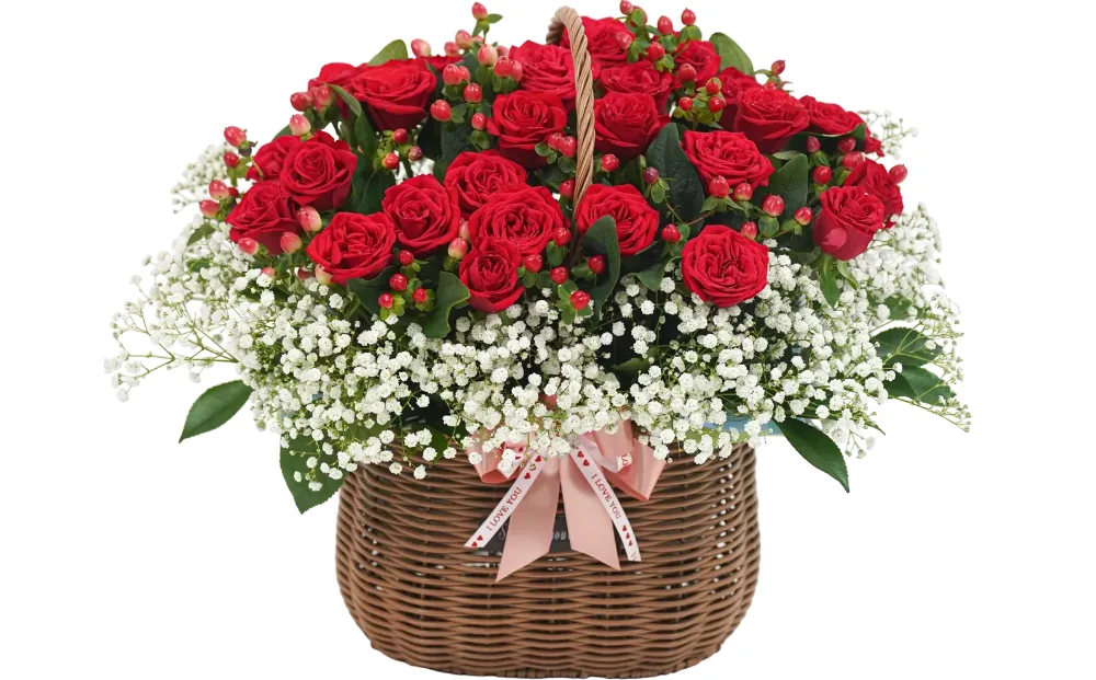 Wicker basket with a handle filled with red roses and red hypericum berries above a skirt of white baby's breath, tied with a pink printed ribbon