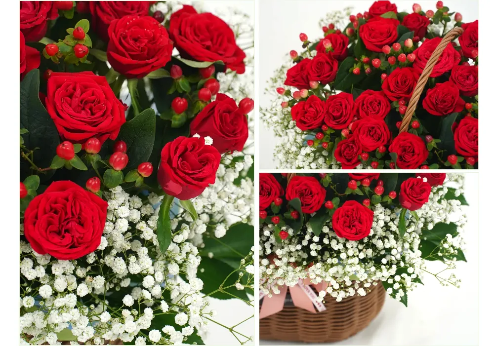 Close-up of red roses, red hypericum berries and white baby's breath in the wicker basket