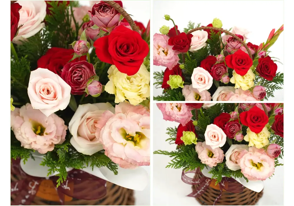 Close-up collage of red roses, peach lisianthus, burgundy spray roses and pale yellow blooms in the basket