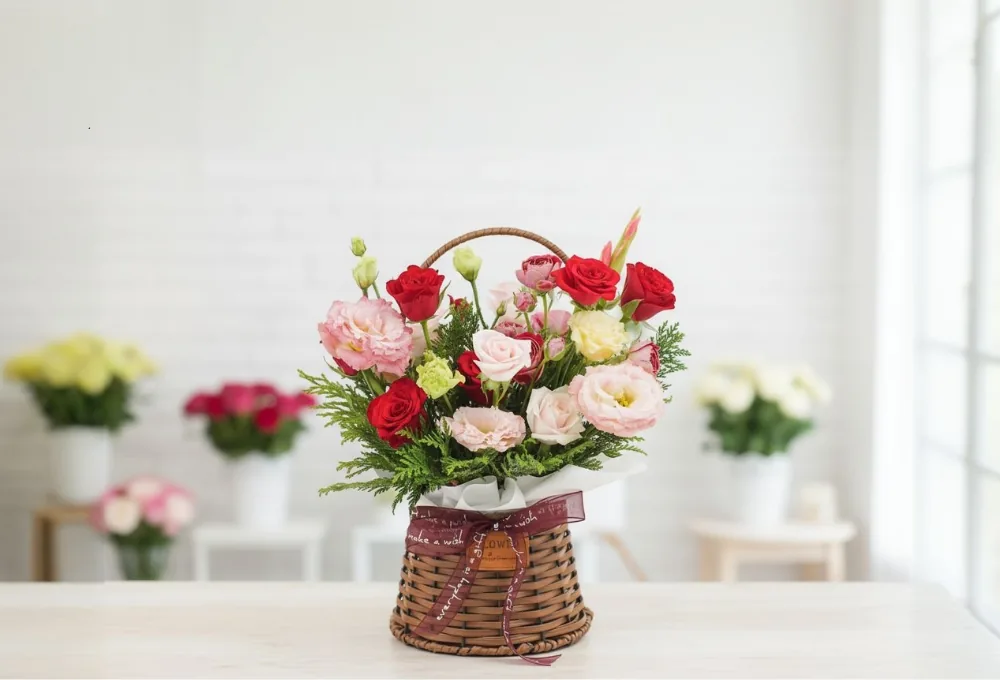Classic Romance basket on a wooden table in a bright flower shop with blurred bouquets behind