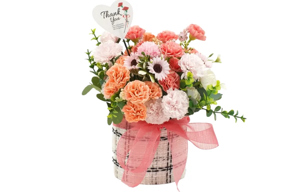 Cẩm chướng xà phòng san hô, đào và hồng nhạt với một đóa hoa nhỏ giống cúc dại, nụ trắng và lá bạch đàn trong chậu bọc vải tweed với ruy băng san hô mỏng và que cắm hình trái tim ghi Thank You