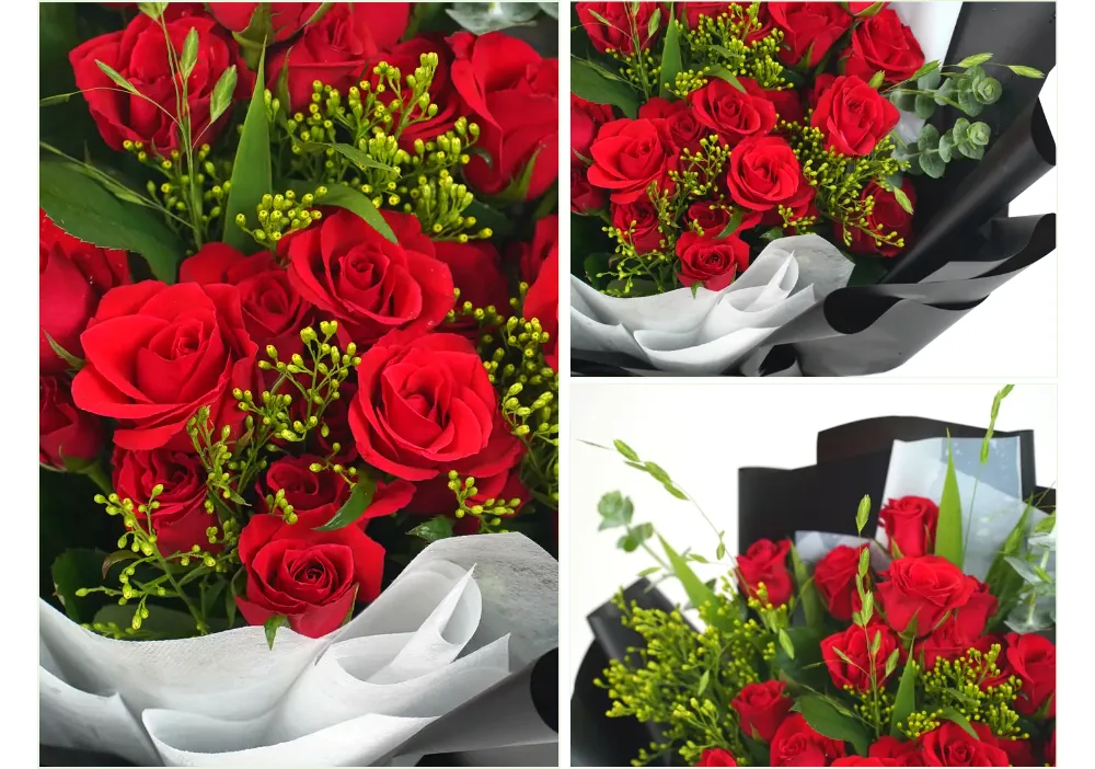 Close-up collage of red roses with yellow solidago and eucalyptus against black wrapping and white paper