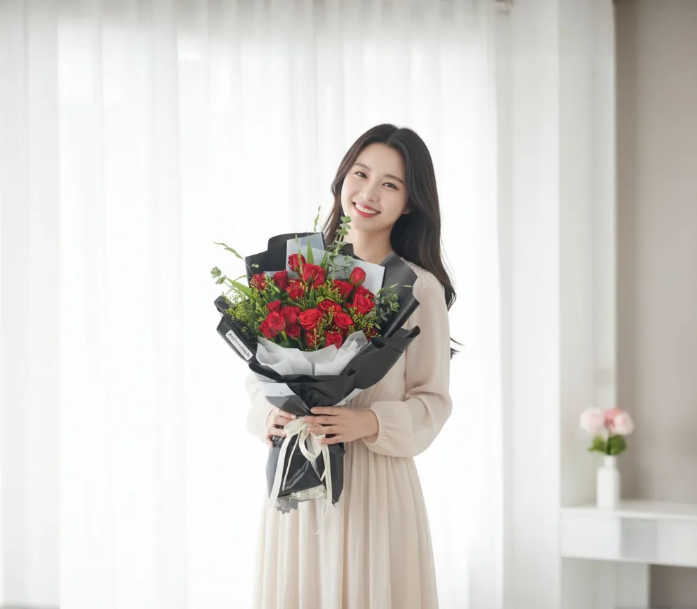 Smiling woman in a cream dress holding the Red in Black bouquet in a bright room with sheer curtains