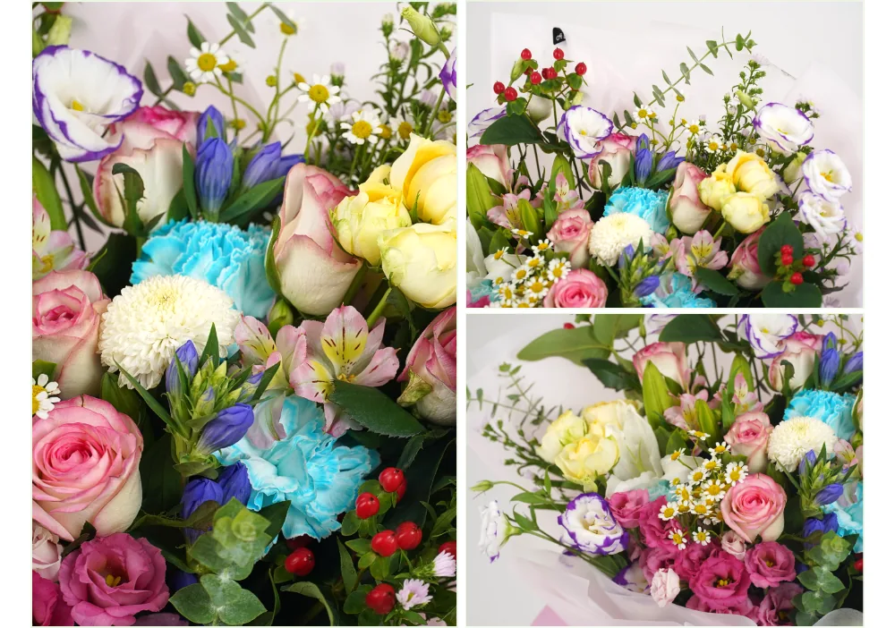 Close-up of sky-blue carnations, pink and yellow roses, lisianthus, chamomile and red hypericum berries