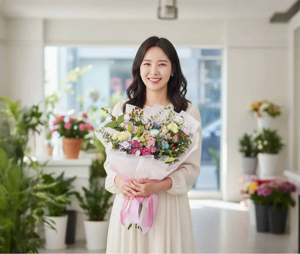 Woman in a flower shop holding the Rainbow Mix bouquet