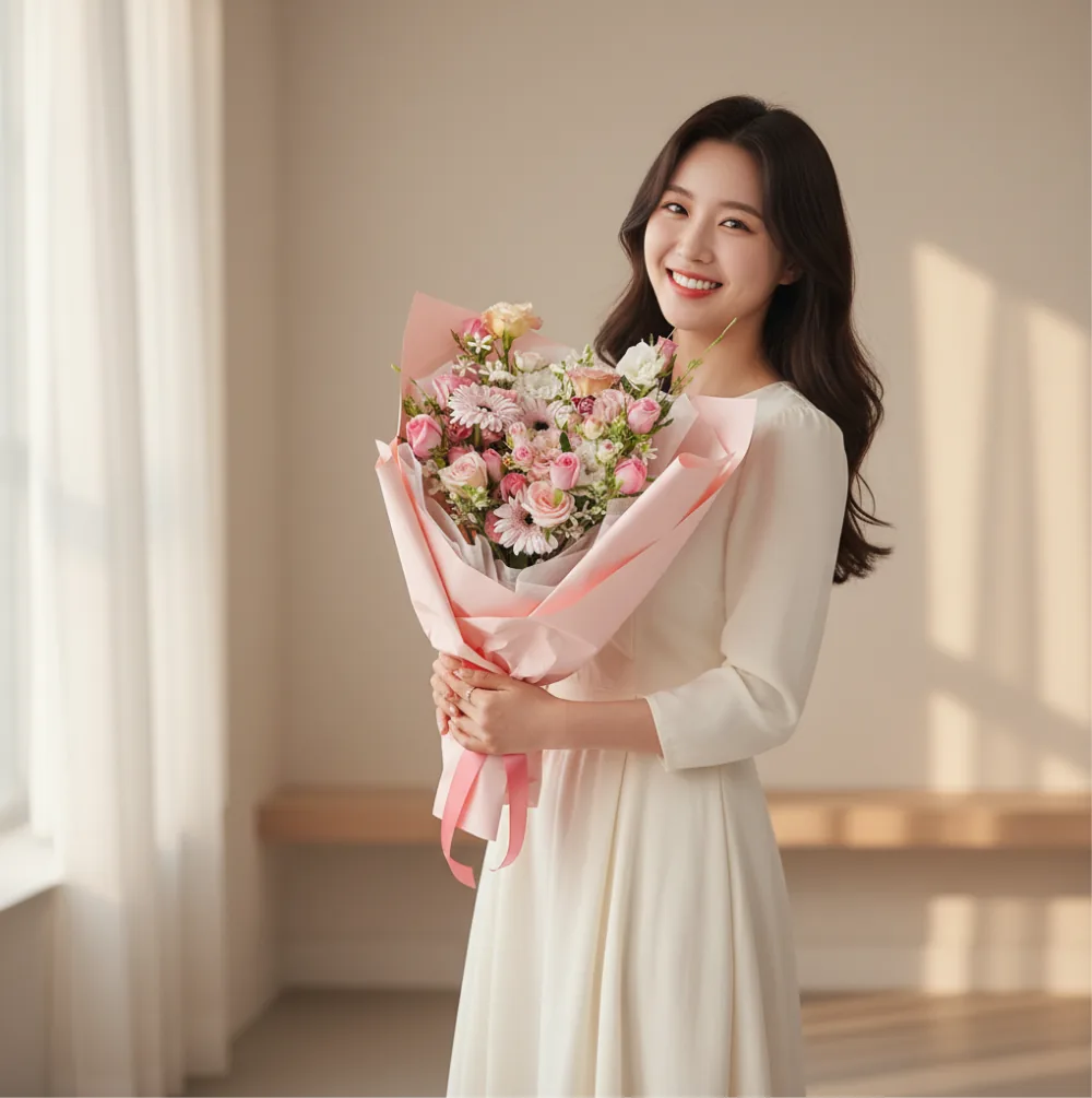 Woman in a sunlit room holding the Pink Flutter bouquet