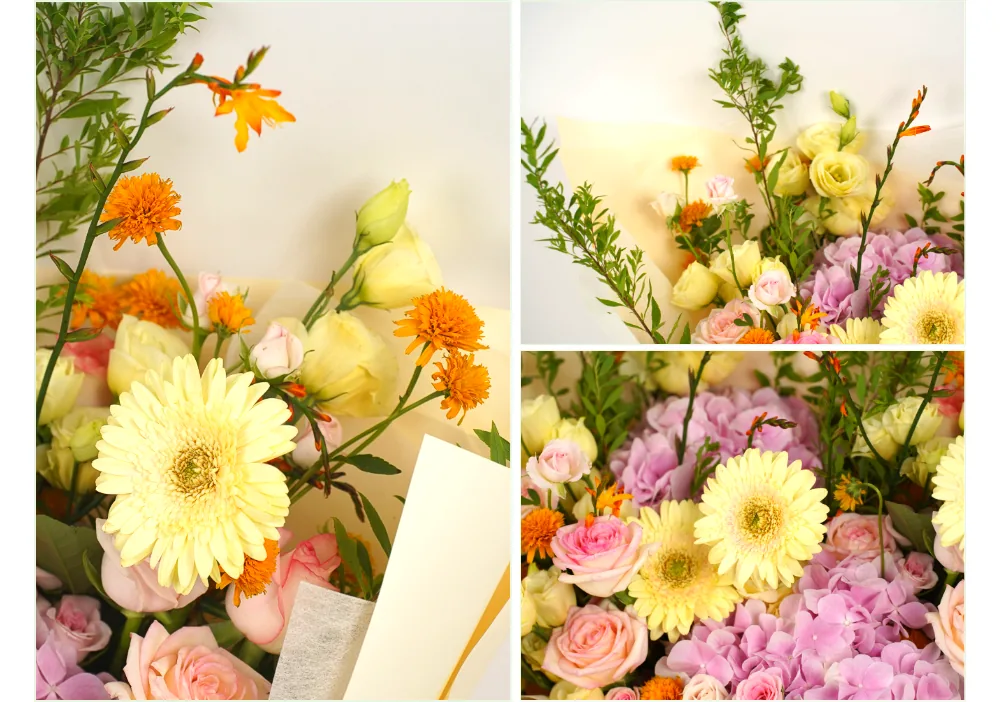 Close-up of yellow gerberas, pink roses, pink hydrangea, pale yellow lisianthus and orange blooms with greenery