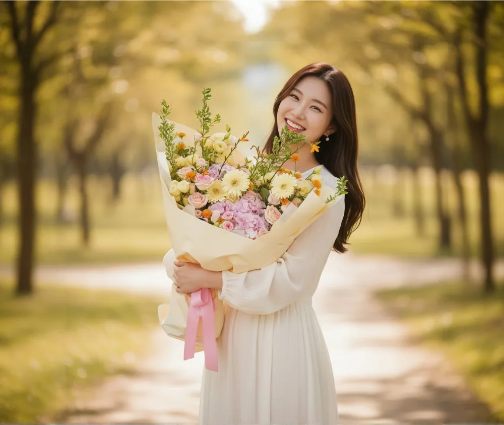 Woman on a tree-lined path holding the Pastel Bloom bouquet