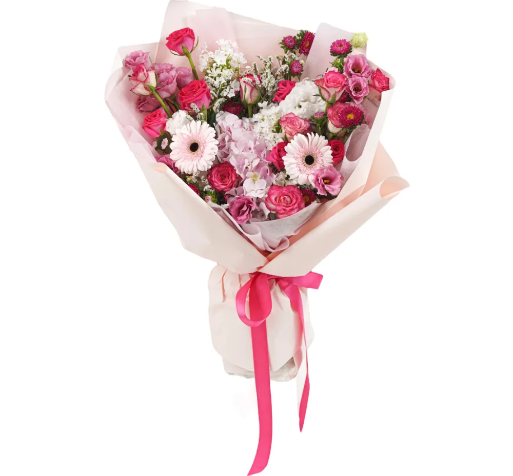 Full bouquet of hot-pink roses, pink gerberas, lisianthus, pink hydrangea, magenta asters and white fillers in a pale pink wrap with a hot-pink ribbon
