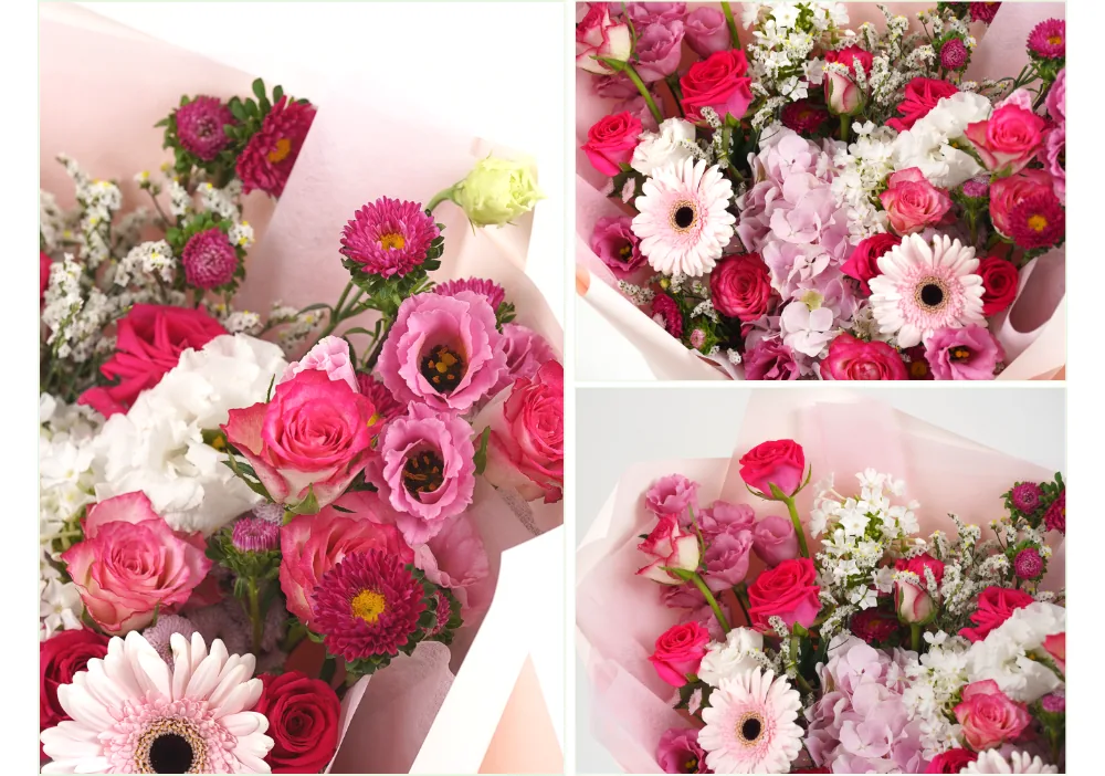 Close-up of hot-pink roses, pink gerberas, ruffled lisianthus, magenta asters, pink hydrangea and white stock