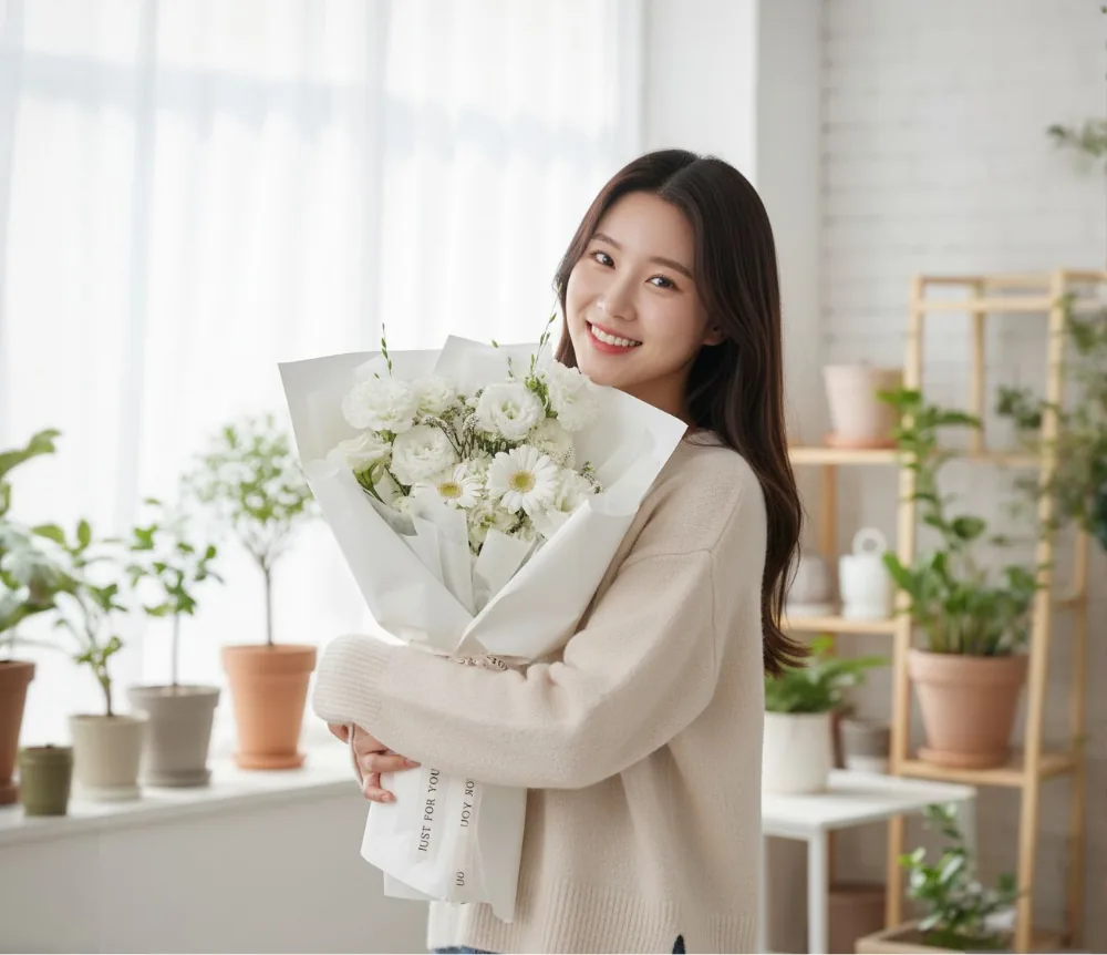 Người phụ nữ trong căn phòng đầy cây xanh cầm bó hoa Trắng tinh khôi