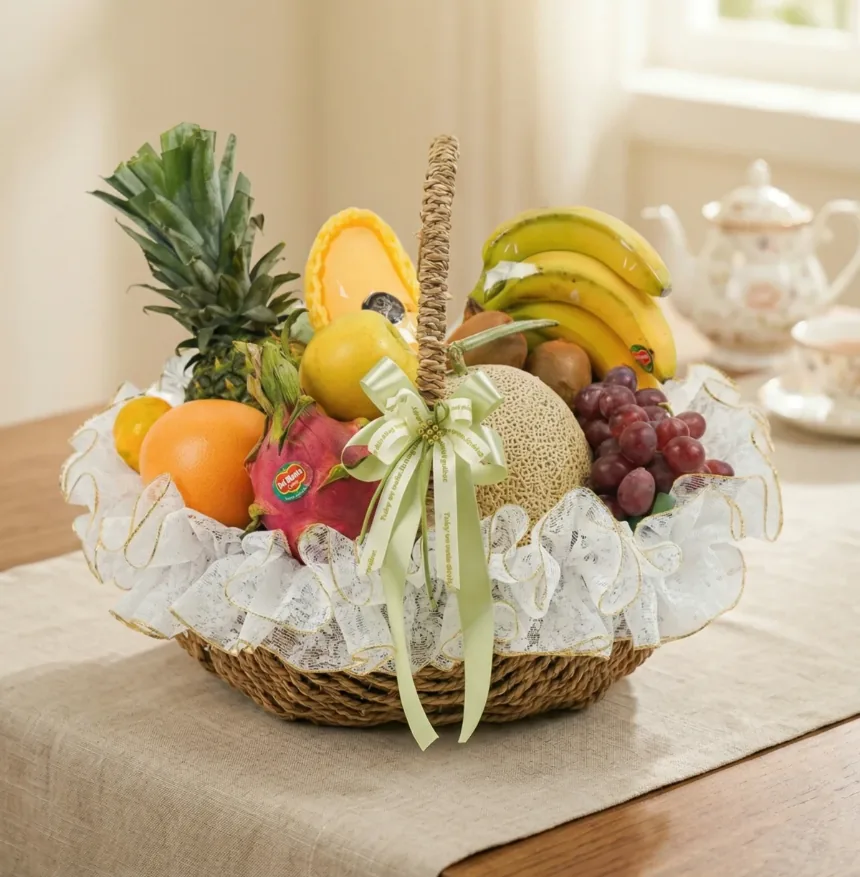 Rattan basket of fresh fruit with white lace trim and a pale-green ribbon on a table: pineapple, mango, bananas, melon, red grapes, dragon fruit and citrus